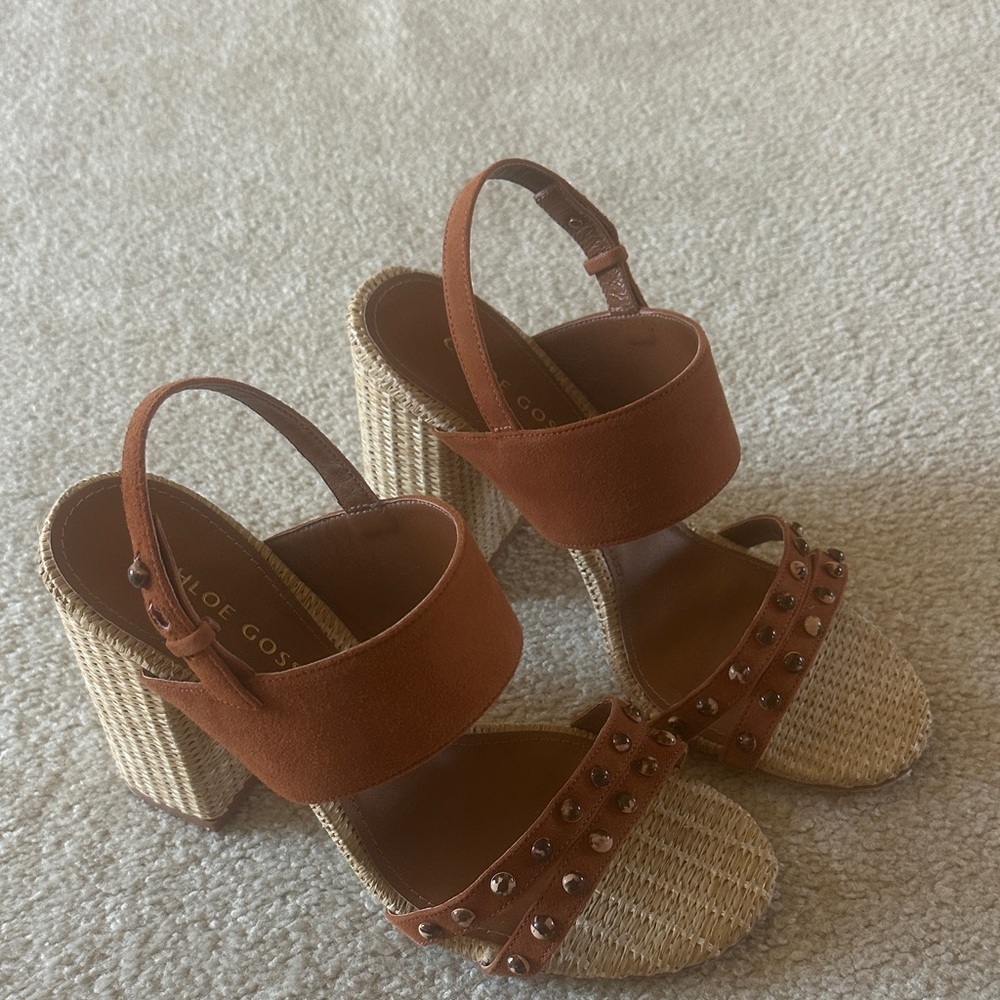 Studded Brown Suede Wedge Sandals with Espadrille Heel
